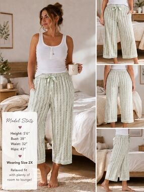 Cropped Pajama Pants Cotton Floral Stripe Drawstring Lounge Sleepwear Plus Size